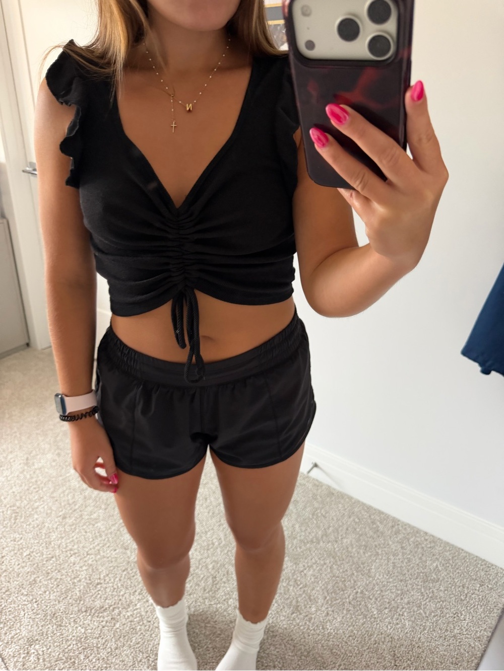 Ruched Black V-Neck Crop Top with Ruffle Sleeve